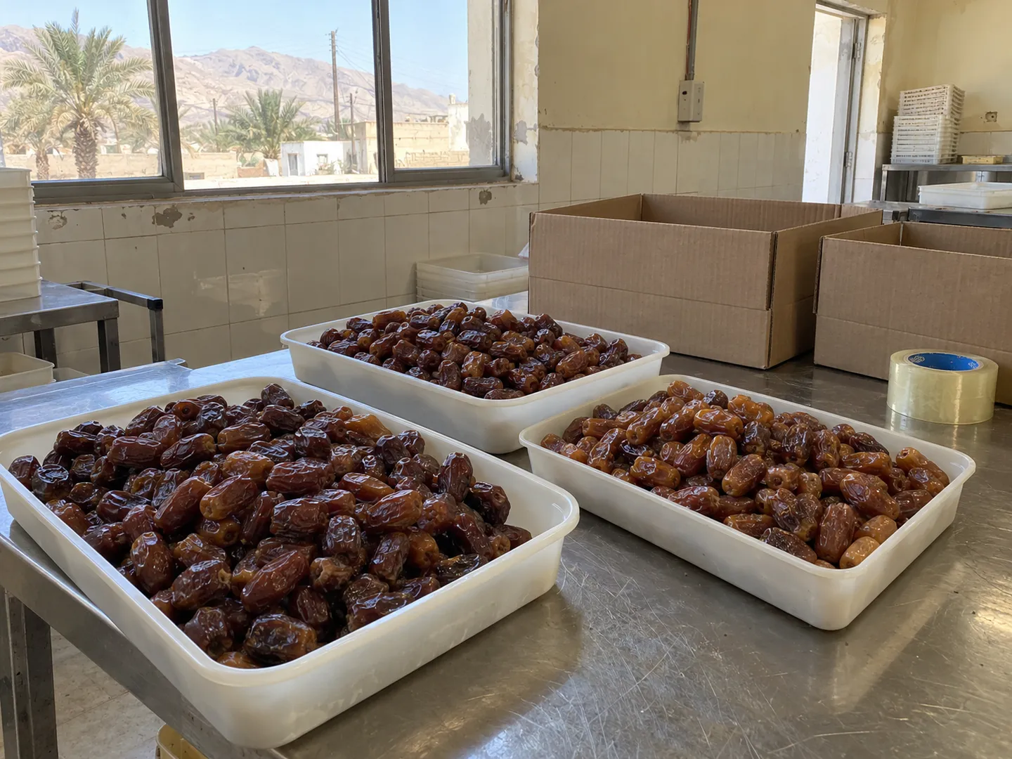 AI-generated imperfect mobile-style illustration of dates in food-grade trays and plain cartons in a modest southern Iranian-inspired packing room.