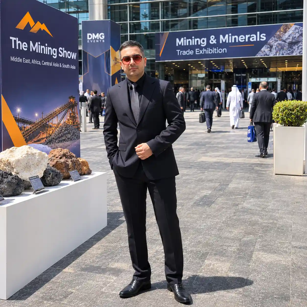 Ali Komsari wearing red glasses at a mining exhibition.