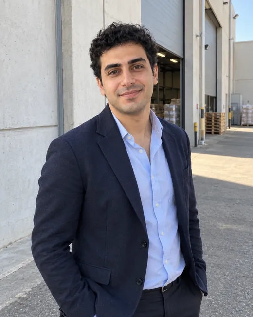 AI-generated placeholder portrait for sample team member Reza Farhadi outside a warehouse.